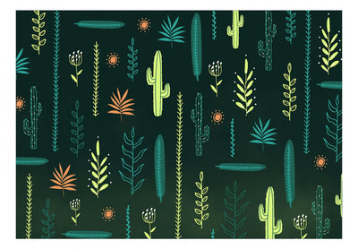 Fototapetes - Lapas un kaktusi uz zaļa fona, 143815 G-ART