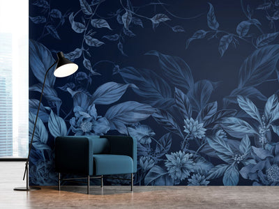 Fototapetes - Lapas un ziedi tumši zilos toņos, 151524 G-ART