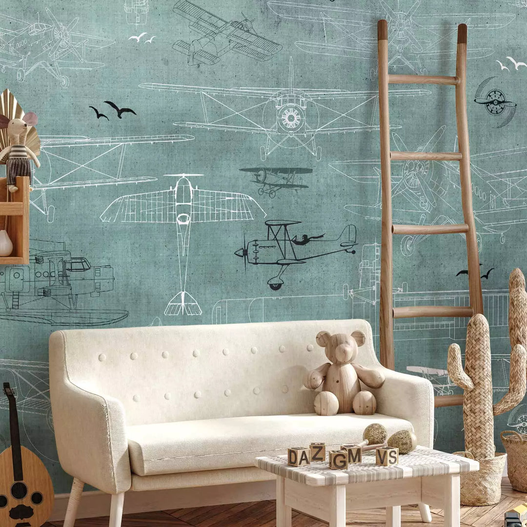 Fototapetes bērniem - Lidmašīnu rasējumi uz tirkīza fona, 149210 G-ART