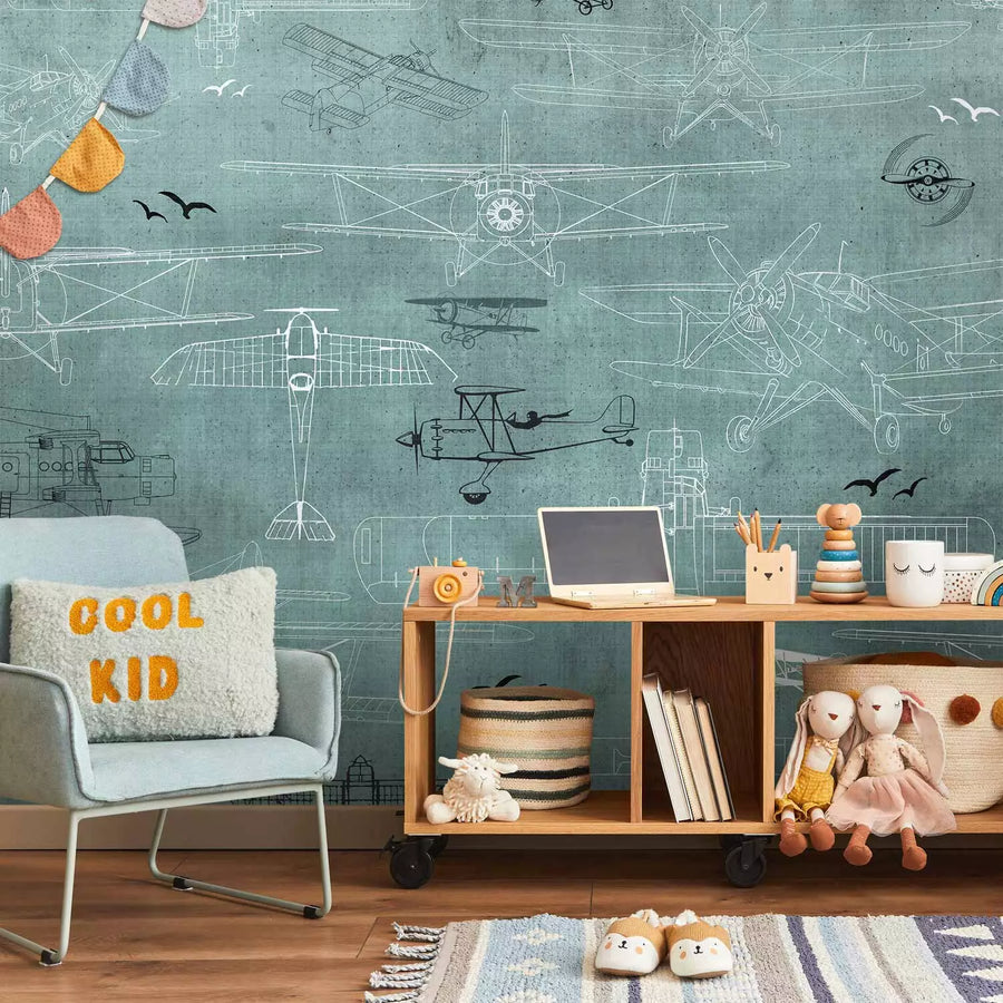 Fototapetes bērniem - Lidmašīnu rasējumi uz tirkīza fona, 149210 G-ART