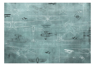 Fototapetes - Lidmašīnu rasējumi uz tirkīza fona, 149210 G-ART
