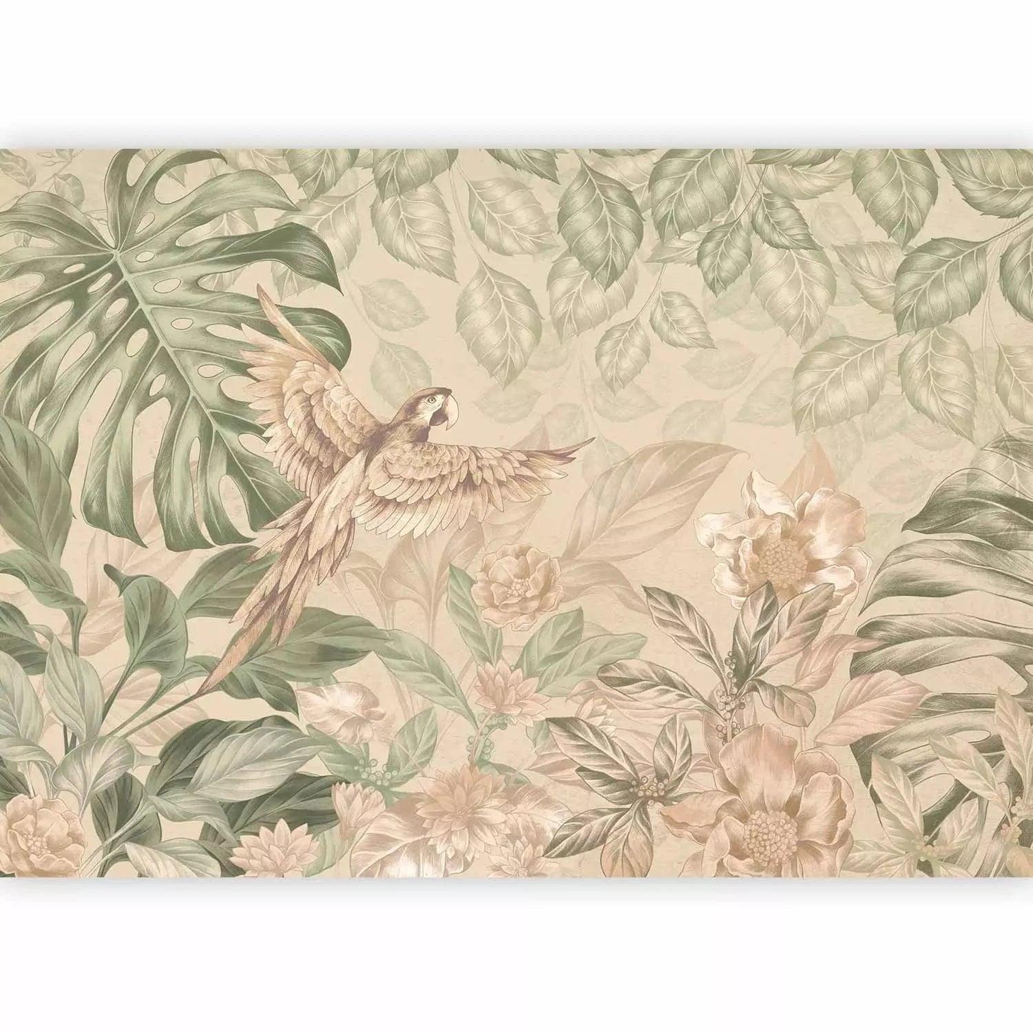 Fototapetes - lidojošs papagailis uz džungļu fona, krēmkrāsā/zaļā G-ART