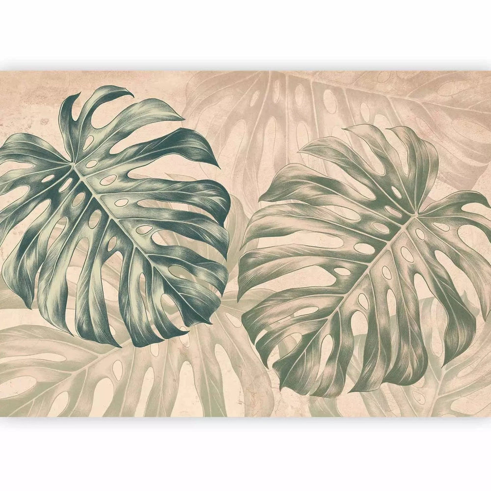 Fototapetes - Lielas lapas - monstera smilškrāsas un zaļos toņos G-ART