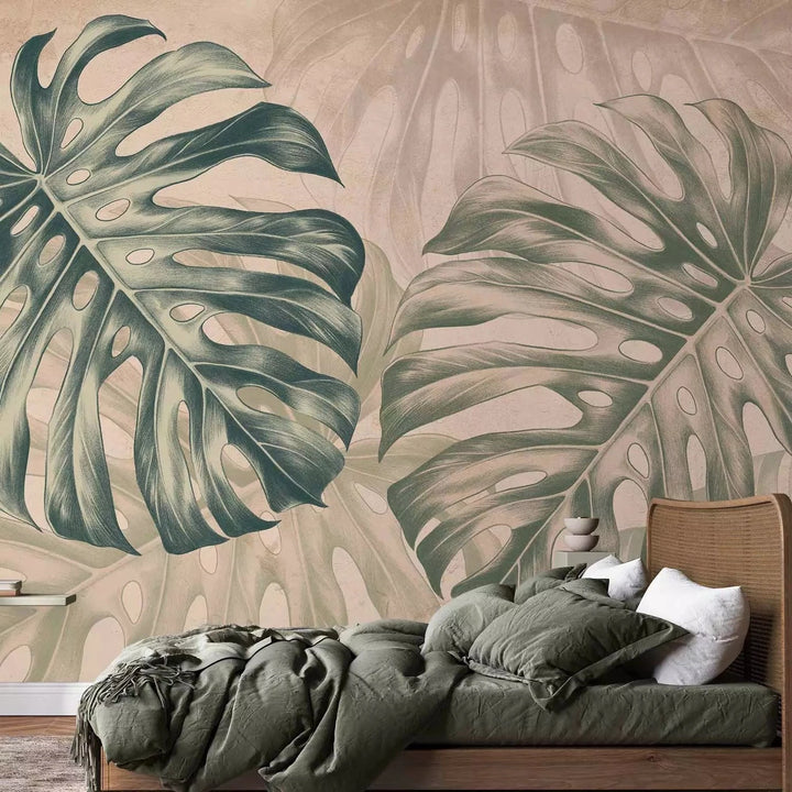 Fototapetes - Lielas lapas - monstera smilškrāsas un zaļos toņos G-ART