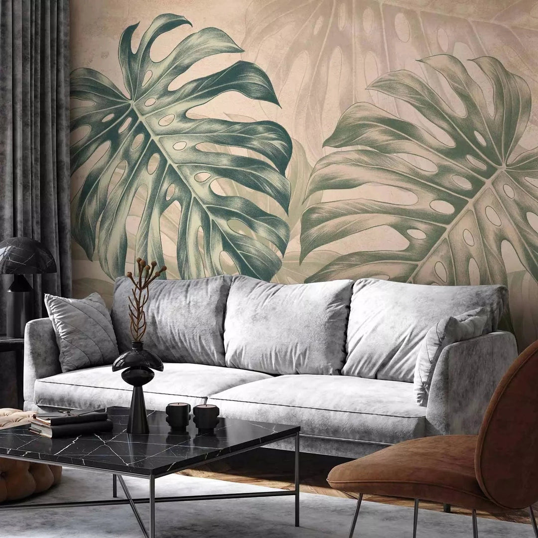 Fototapetes - Lielas lapas - monstera smilškrāsas un zaļos toņos G-ART