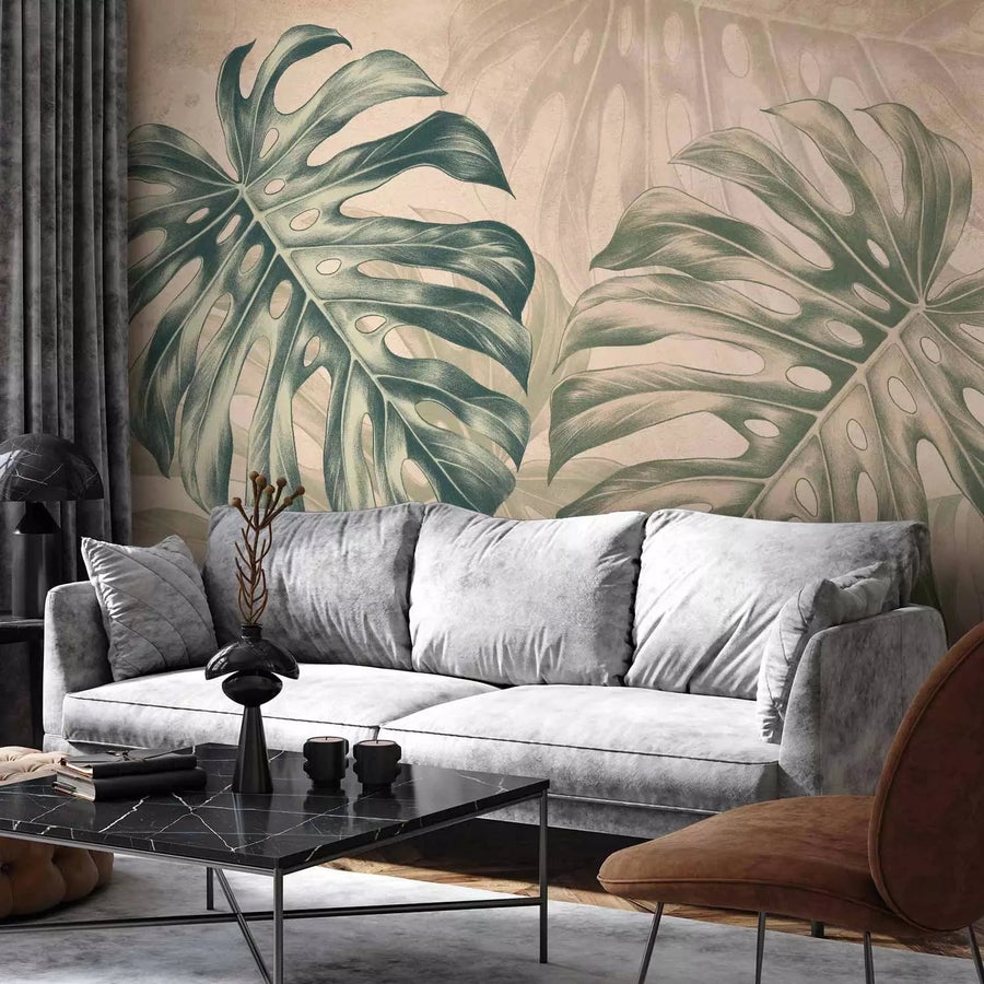 Fototapetes - Lielas lapas - monstera smilškrāsas un zaļos toņos G-ART