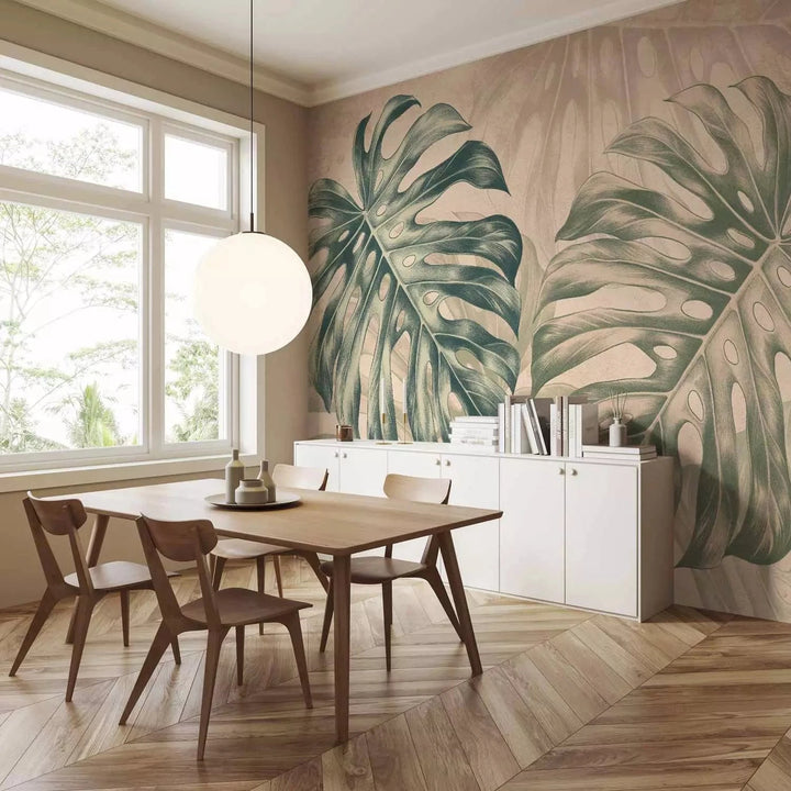 Fototapetes - Lielas lapas - monstera smilškrāsas un zaļos toņos G-ART