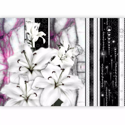 Wall Murals with white lily on black background and purple marble, 60725G-ART