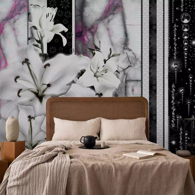 Wall Murals with white lily on black background and purple marble, 60725G-ART