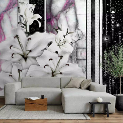 Wall Murals with white lily on black background and purple marble, 60725G-ART