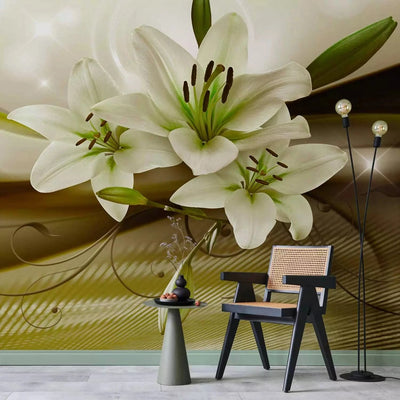 Wall Murals - Lilies on green wavy background, 90450 - ecological G-ART