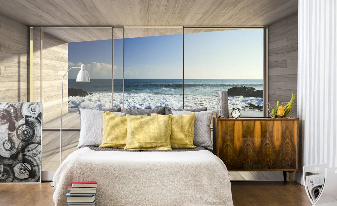 Fototapetes - Logs uz okeānu: Panorāmas skats un pludmale | zilā D-ART