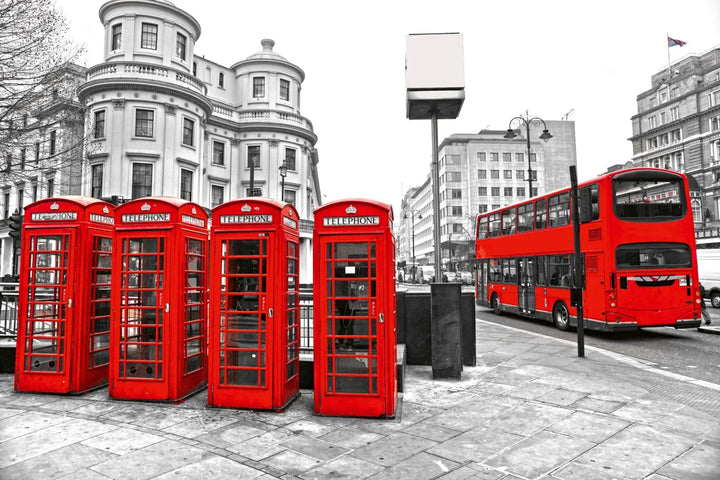 Fototapete - Londona, sarkanās būdiņas un autobuss | Flizelīns D-ART