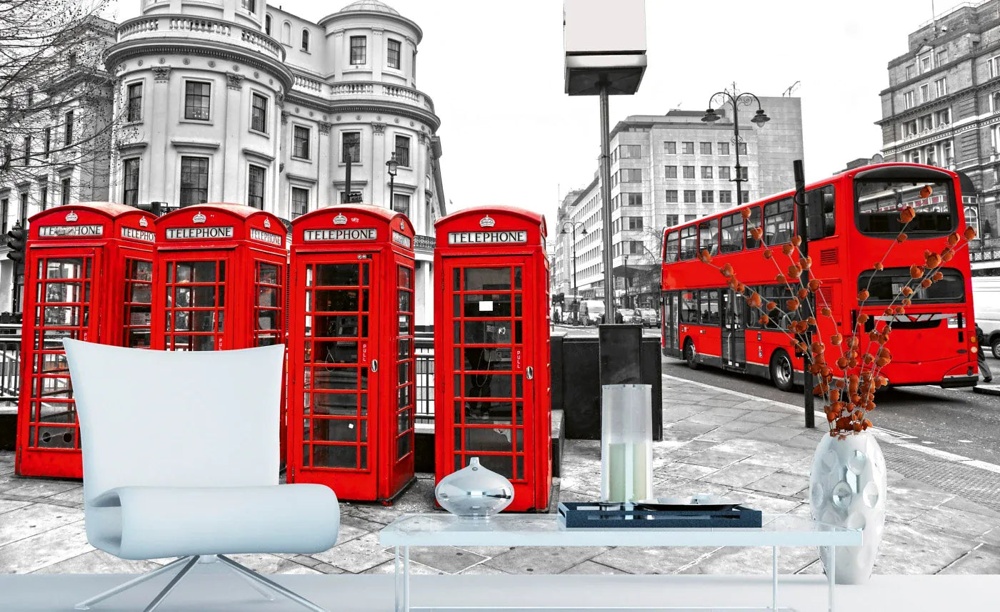 Fototapete - Londona, sarkanās būdiņas un autobuss | Flizelīns D-ART