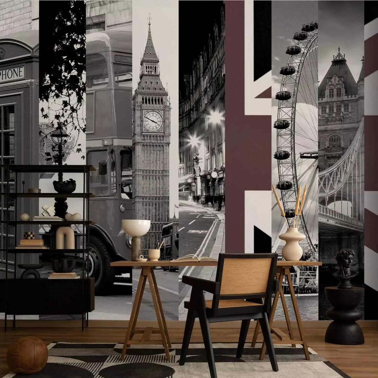 Fototapetes ar Londonas simboliem brūnā un pelēkā krāsā, 96815  G-ART