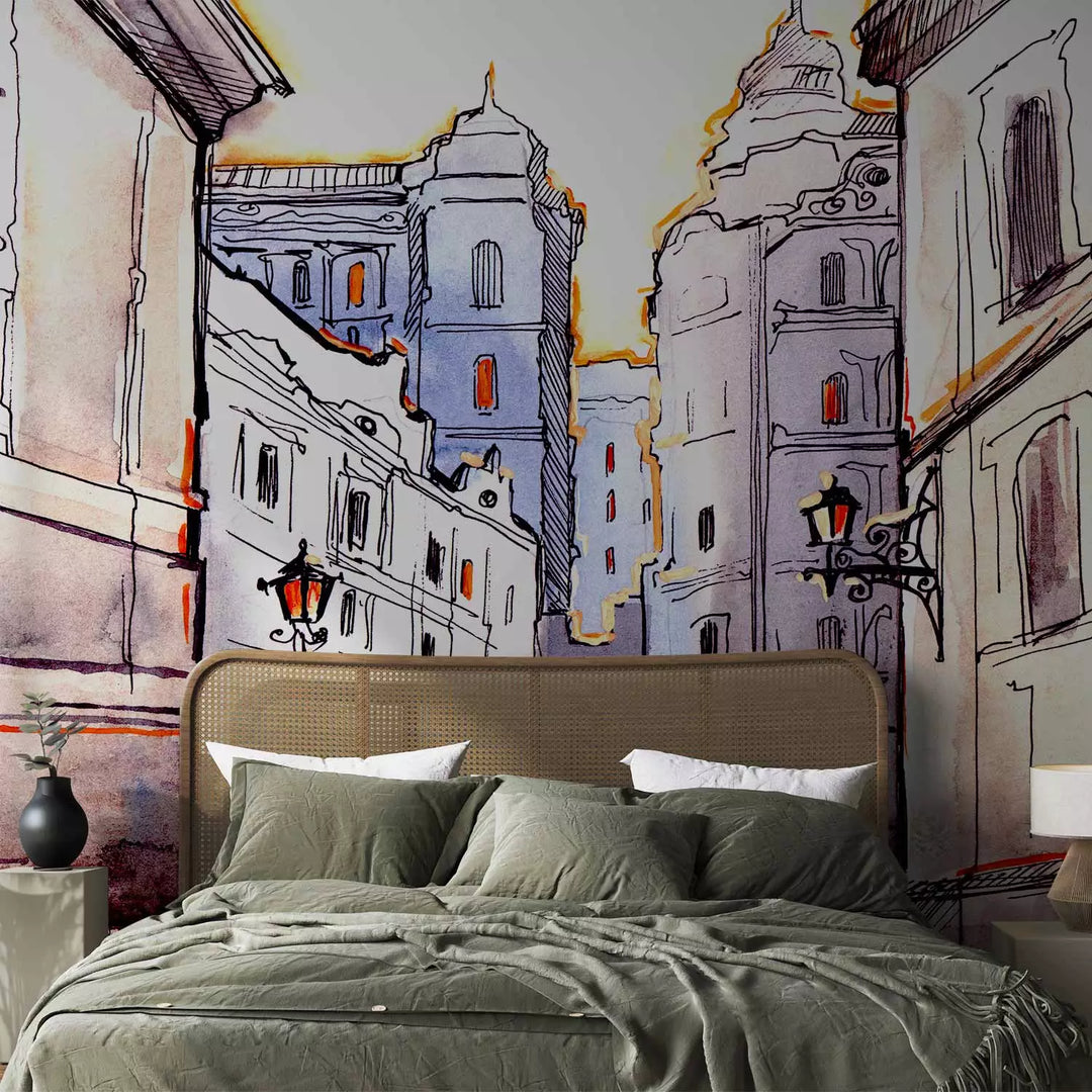 Fototapetes - Mājiņas akvarelī uz papīra, skīce, krēma, violeta G-ART