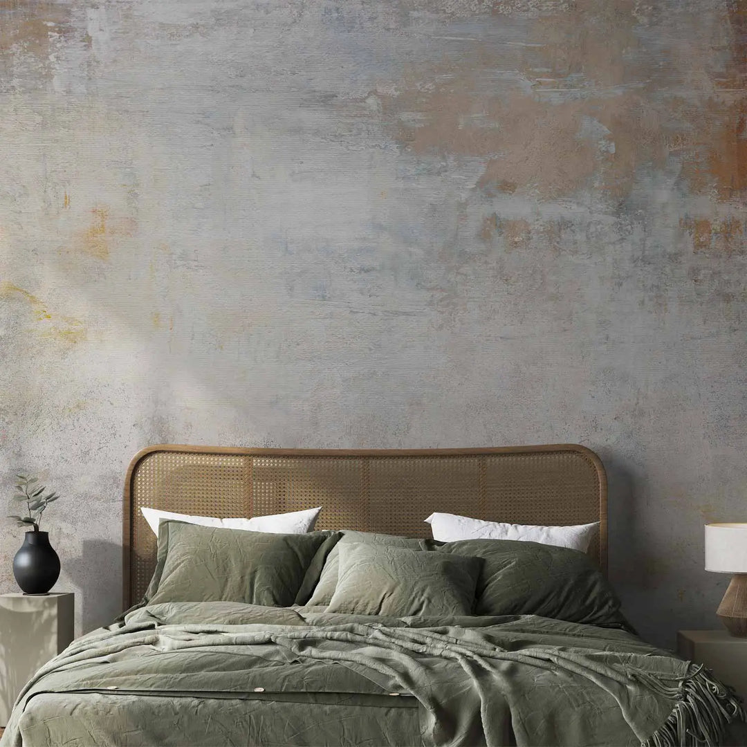 Abstract wallpaper with a weathered plaster effect in light gray and warm brown tones - in a bedroom