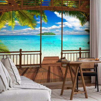 3D fototapetes - ainava ar paradīzes pludmali, palmu lapas, 93933  G-ART