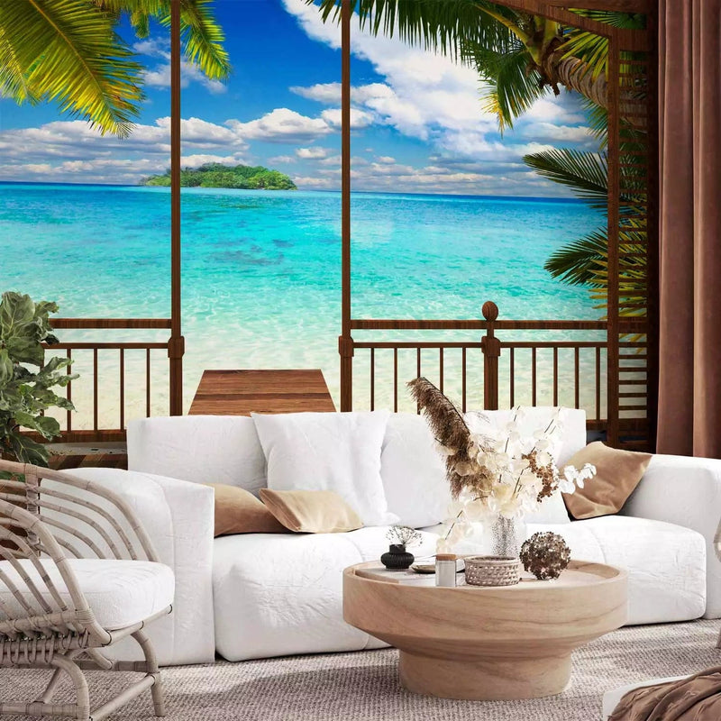 3D Wall Murals - landscape with paradise beach, palm leaves, 93933G-ART