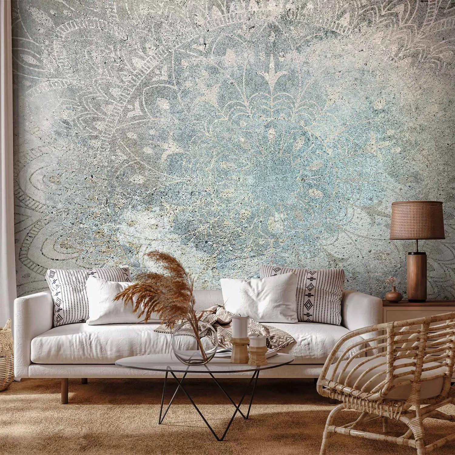Fototapetes - Mandala patina krāsās uz dabiska zila fona G-ART