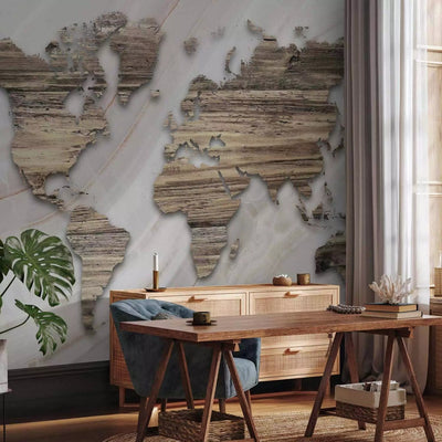 Wall Murals - Marble map - contours of continents with wood texture G-ART