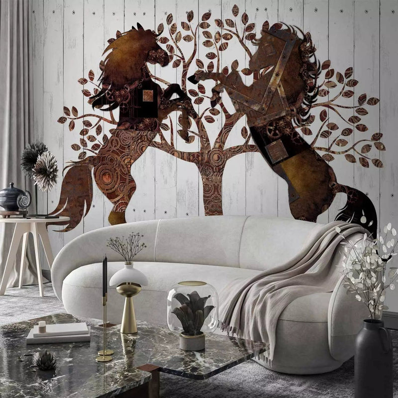 Wall Murals - Tree with animals on a white wooden background, 64373G-ART