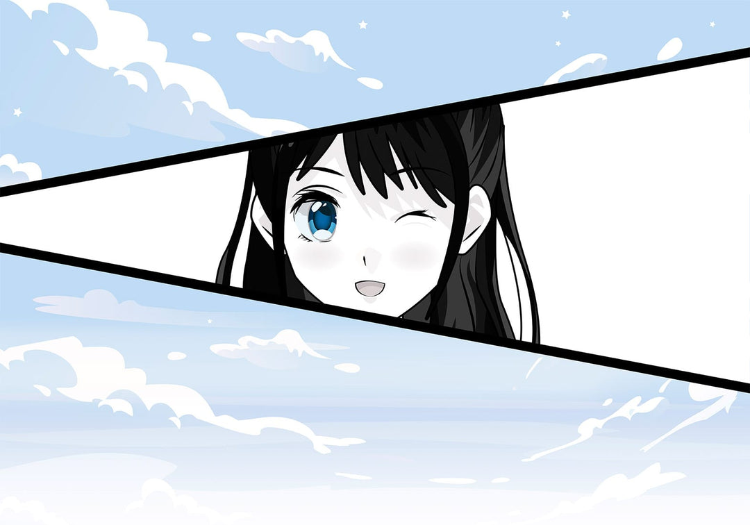 Mūsdienīga anime un mangas stila fototapete ar smaidošu meiteni komiksa kadrā uz gaiši zilu mākoņainu debesu fona