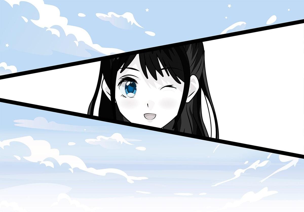 Mūsdienīga anime un mangas stila fototapete ar smaidošu meiteni komiksa kadrā uz gaiši zilu mākoņainu debesu fona