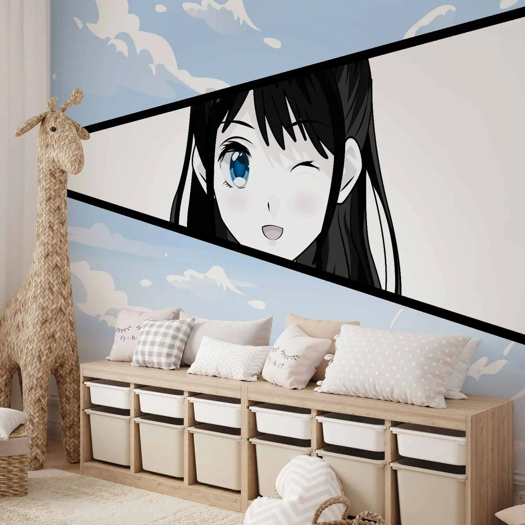 Fototapetai - Manga stiliaus mergina mėlyno dangaus fone, 145509