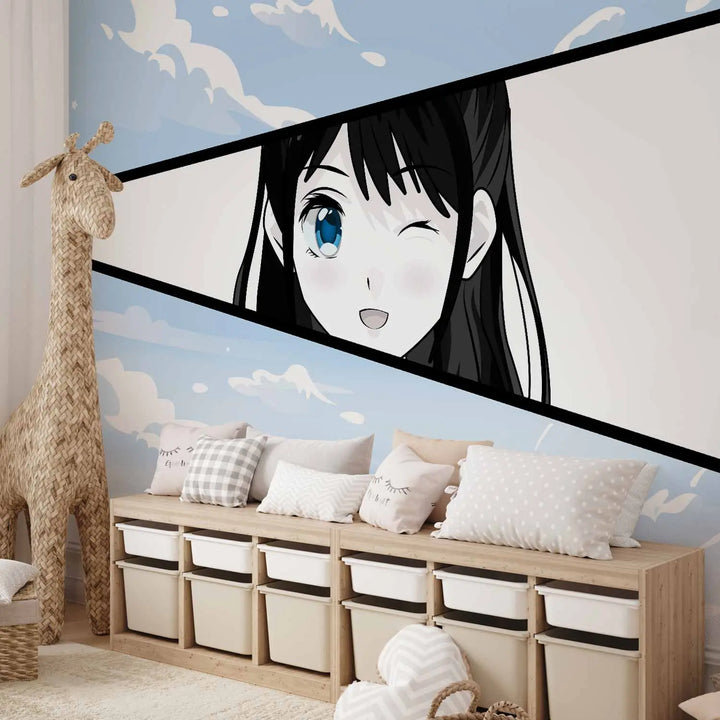 Fototapetai - Manga stiliaus mergina mėlyno dangaus fone, 145509