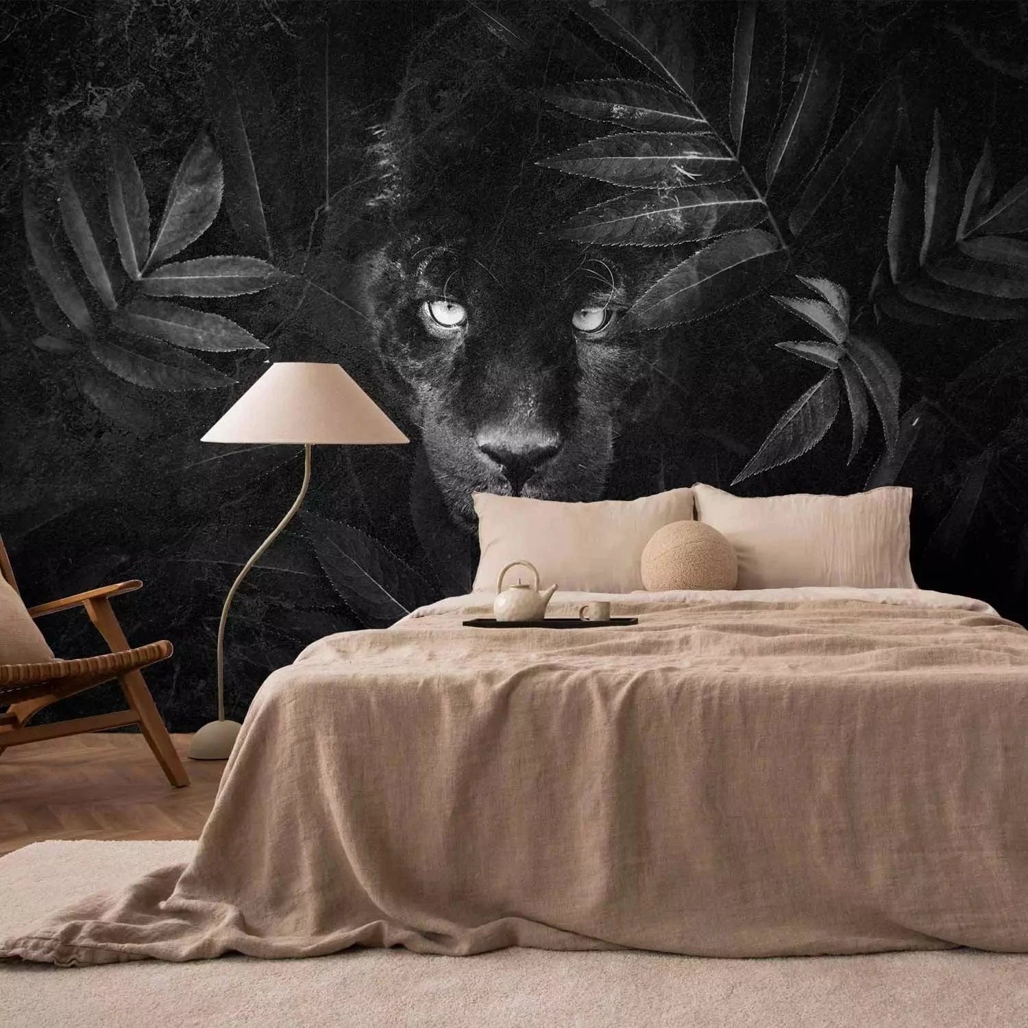 Fototapetes - Melnā pantera – motīvs ar džungļu elementiem, melnā G-ART