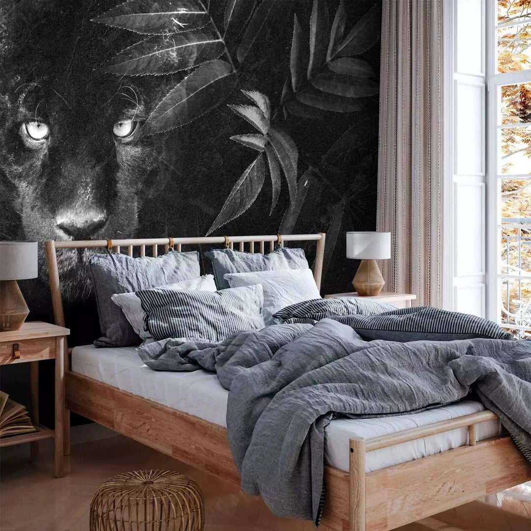 Fototapetes - Melnā pantera – motīvs ar džungļu elementiem, melnā G-ART