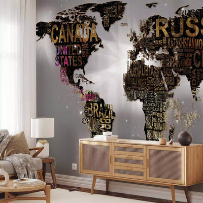 Wall Murals - Modern world map with inscriptions brown gray color G-ART