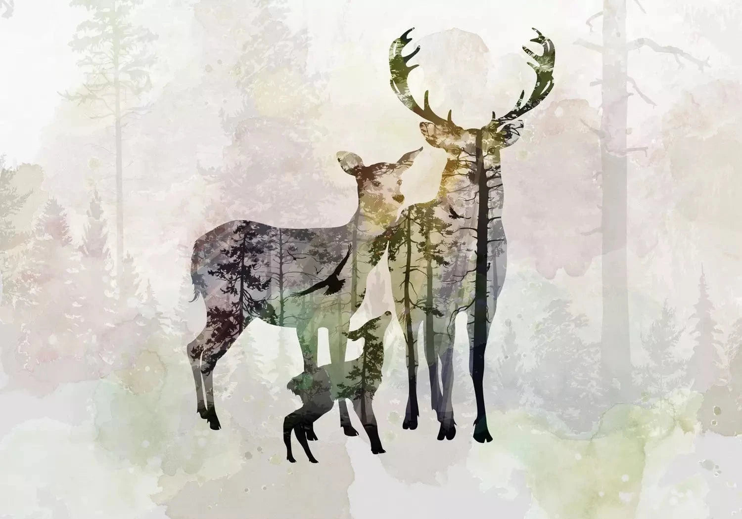 Fototapetes - Meža dzīve – abstrakcija ar briežiem uz meža fona G-ART