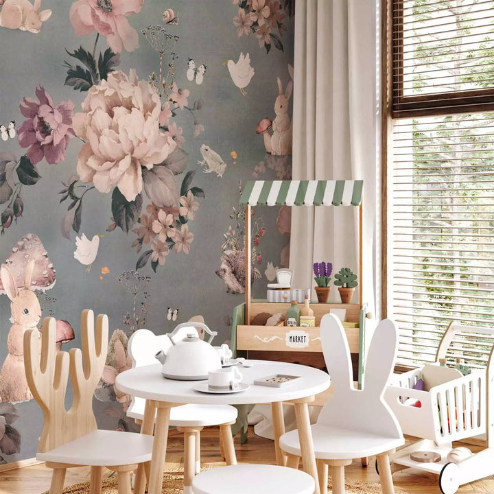 Fototapetes - Fototapetes ar zaķiem un ziediem uz pelēka fona - 149203 G-ART