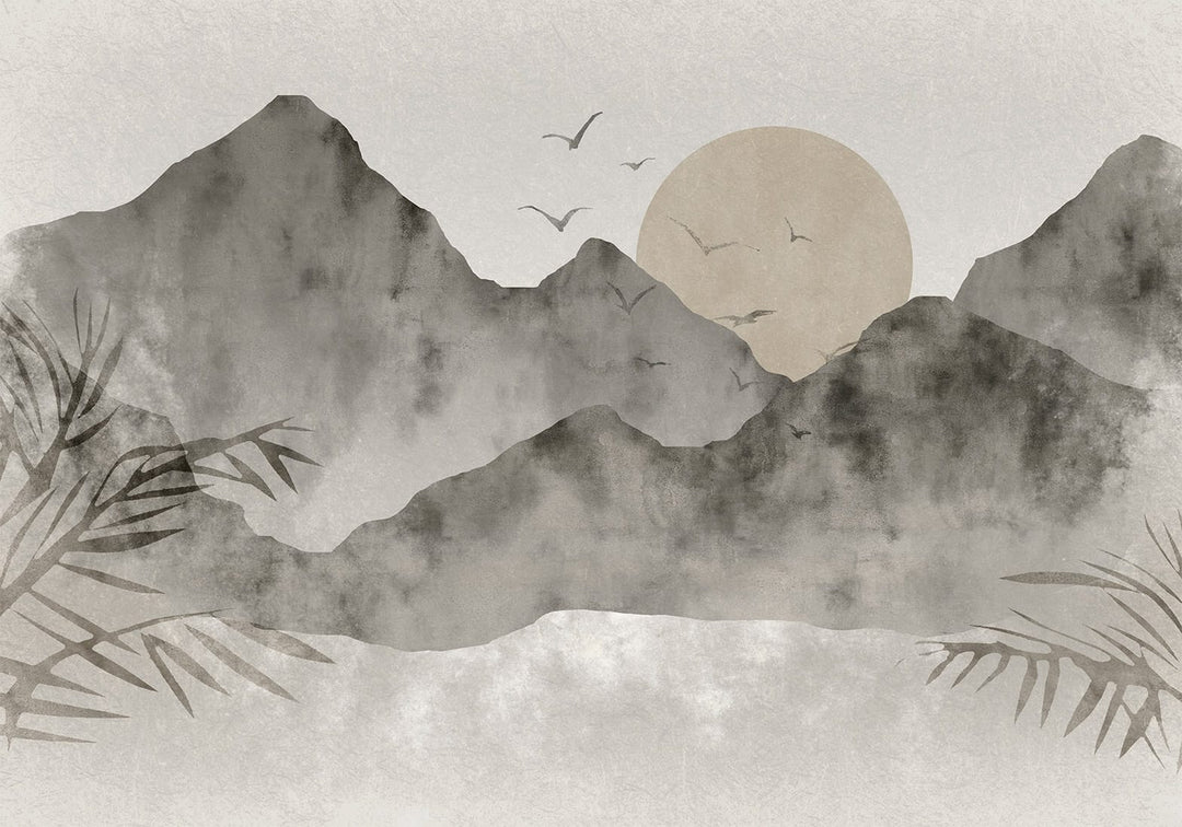Watercolor style photo wallpaper with a mountain landscape, a large sun, flying birds, and plant motifs in cool grey-brown tones
