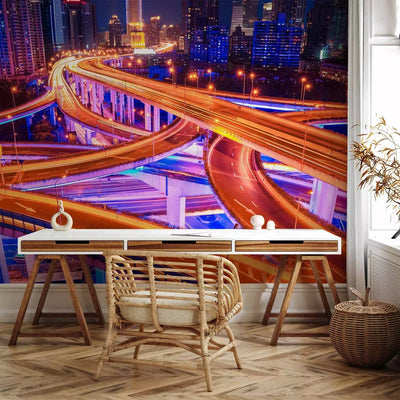 Modern Wall Murals with endless night roads - night speed g -art