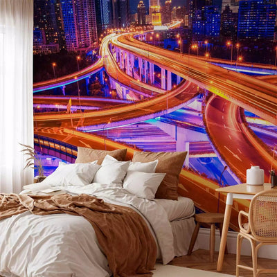 Modern Wall Murals with endless night roads - night speed g -art