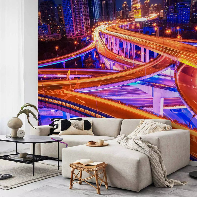 Modern Wall Murals with endless night roads - night speed g -art