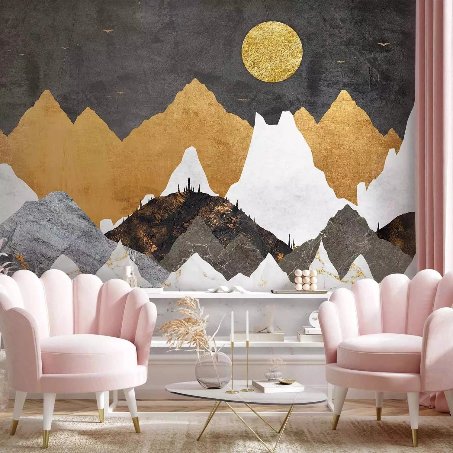 Fototapetes - nakts debess ainava ar Mēness virs kalniem G-ART