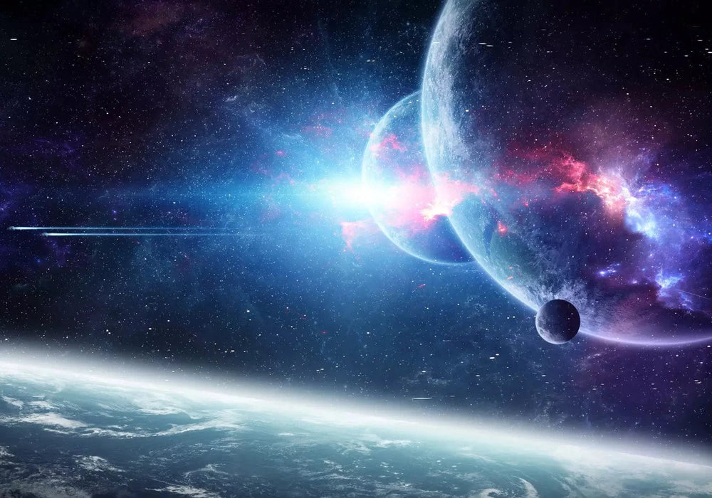 Fototapetes - Nezināmā kosmosā – galaktiska ainava ar planētām, zilā G-ART