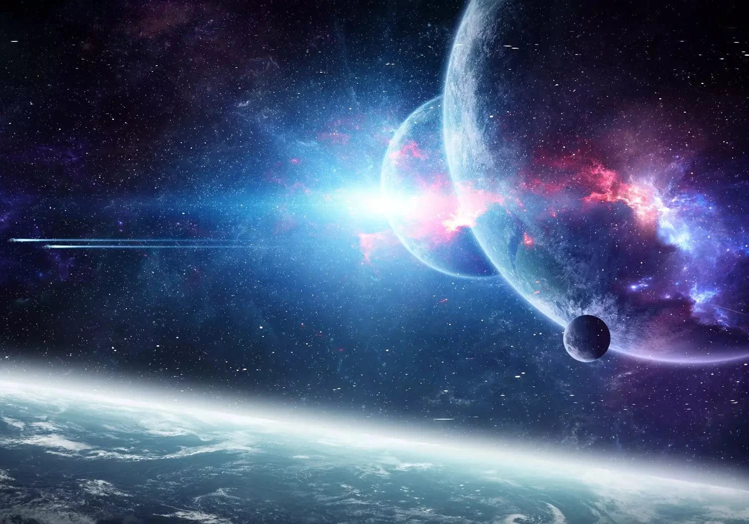 Fototapetes - Nezināmā kosmosā – galaktiska ainava ar planētām, zilā G-ART
