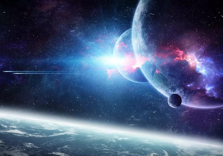Fototapetes - Nezināmā kosmosā – galaktiska ainava ar planētām, zilā G-ART