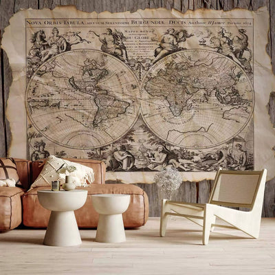 Wall Murals - retro world map with drawings on a wooden background, 67029G-ART