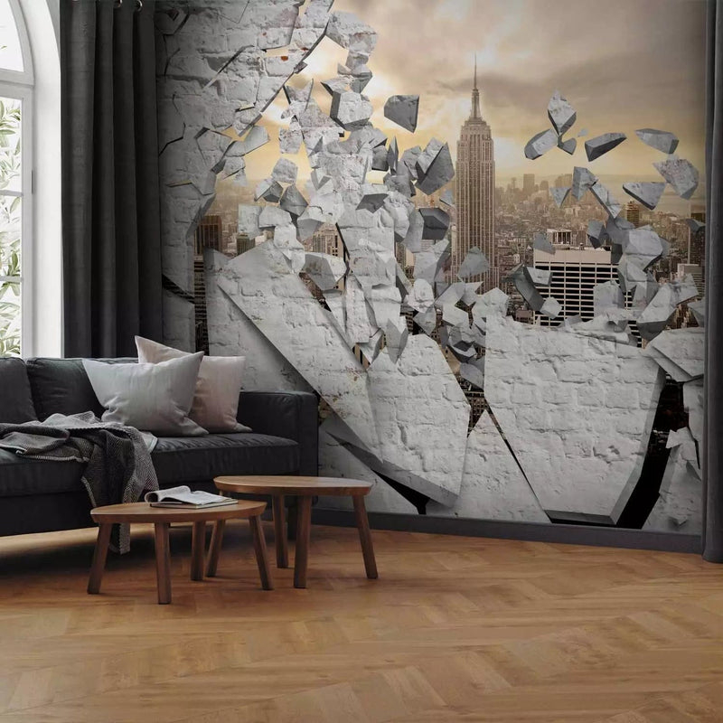 Wall Murals - New York landscape with clouds behind white brick walls g-art