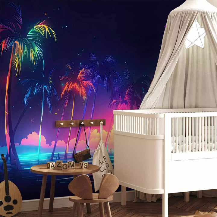 Fototapetes jauniešu istabai  - Okeāns un tropu palmas neona gaismās G-ART