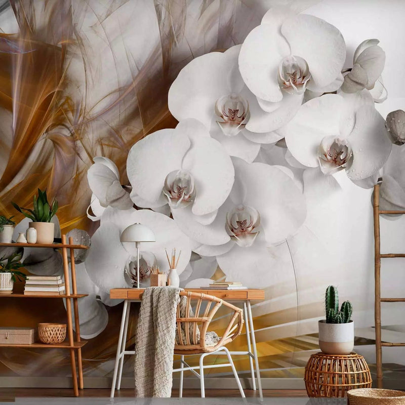 Fototapetai - Baltos orchidėjos ir oranžinės liepsnos, 61844 - nusipirkite G -Art