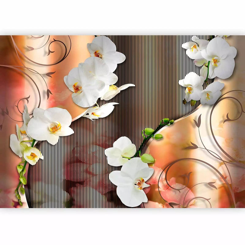 Wall Murals - White orchids with ornaments and striped pattern G-art