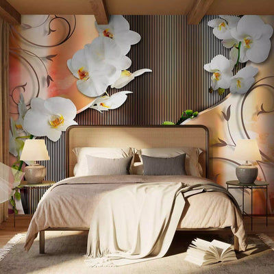 Wall Murals - White orchids with ornaments and striped pattern G-art