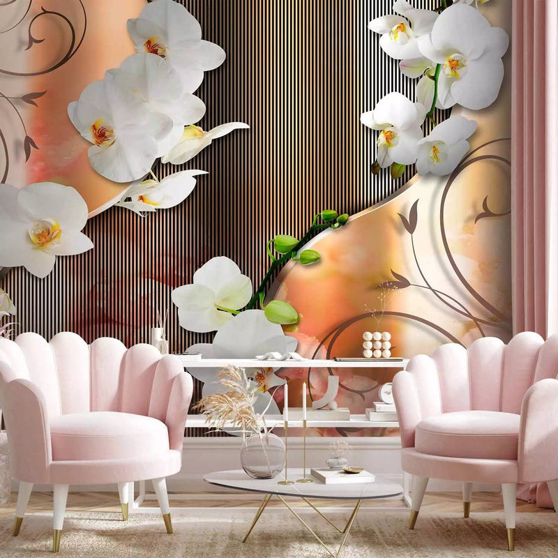 Wall Murals - White orchids with ornaments and striped pattern G-art